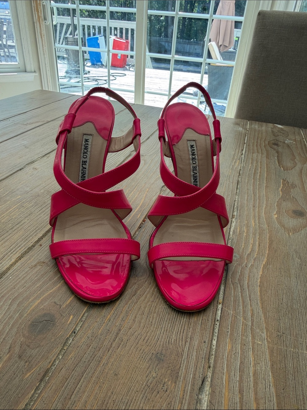 Manolo Blahnik Hot Pink Patent Strappy Sandals